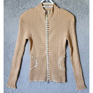 Vtg Y2K Cache Women's L Long Sleeve Zip Up Ribbed Stretch Top Rhinestones Beige